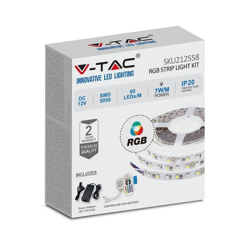 V-Tac 7W/m RGB LED stripe, komplett sett - 5m, 60 LED per meter, inkl. controller og strømforsyning