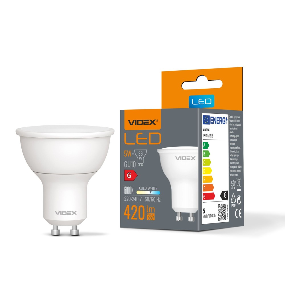 LED-pære 5W GU10 - kald hvit, 230V, 420lm, forbruk 5W - Kulør : Kald