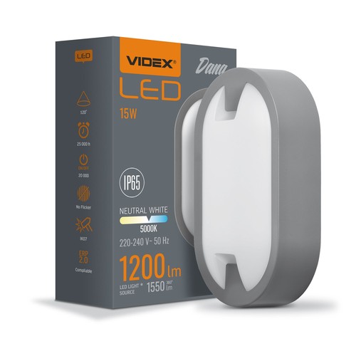 15W LED bulkhead vegg/taklampe - IP65, 1200lm, 5000K, grå, IK07, oval