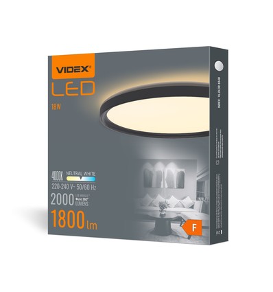 Taklampe 18W - LED, rund, svart, nøytral hvit, spenning: 230V, lysstyrke: 2000, forbruk: 18
