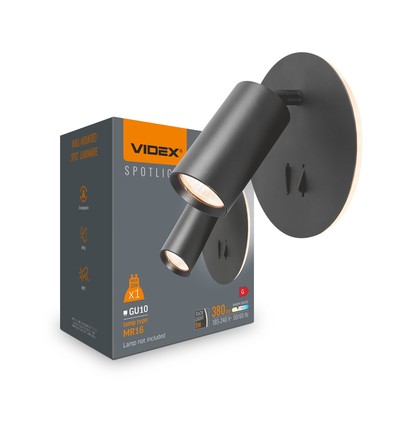 GU10 veggmontert spot med 5W LED backlight - Sort, 2700K, 2x brytere, roterbar, uten GU10 lyskilde