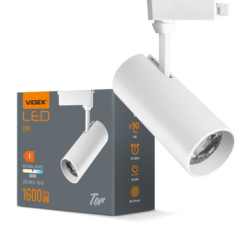 Tor skinnespot 20W - hvit, 230V, 1600lm, forbruk 20W