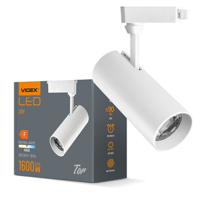 Tor skinnespot 20W - hvit, 230V, 1600lm, forbruk 20W