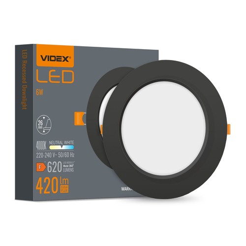 LED innbyggingsspot 6W - Rund, svart, nøytral hvit, 230V, 620lm, forbruk 6W