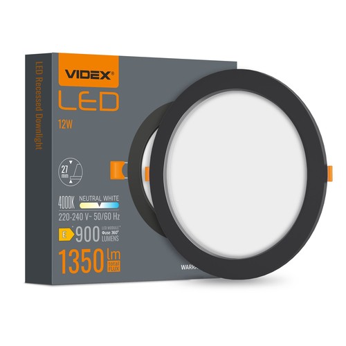 12W sort LED innfellingspanel - 1350lm, 4000K, Hull: Ø15 cm, 120 grader beam angle