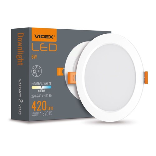 LED downlight 6W - rund, nøytral hvit, 230V, 620lm, 6W forbruk