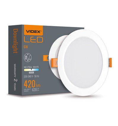LED downlight 6W - rund, nøytral hvit, 230V, 620lm, 6W forbruk