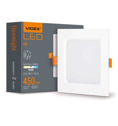 6W kvadratisk LED innfellingspanel - 450lm, 4000K, hvit kant, Hull: Ø9,5-10 cm, Mål: 12x12 cm