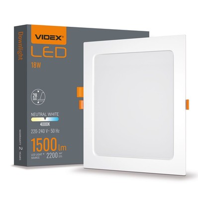 LED downlight 18W - firkantet, nøytral hvit, 230V, 2200lm, forbruk 18W