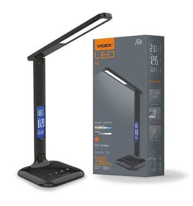 5W LED dimbar skrivebordslampe - Svart, 3-trinns CCT, display med klokke/temp, touch-styring