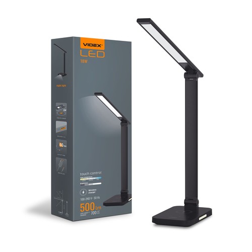 LED skrivebordslampe - trådløs lading, svart, 230V, 700lm, 18W