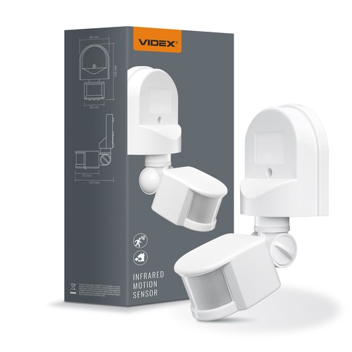 Infrarød PIR bevegelsessensor, hvit - 180° vinkel, 1200W, IP44 utendørs, justerbar tid og lysstyrke