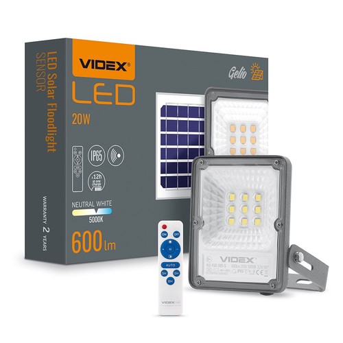 Gelio projektør 20W - LED, solcelle, flood, sensor, nøytral hvit, lysstyrke: 600