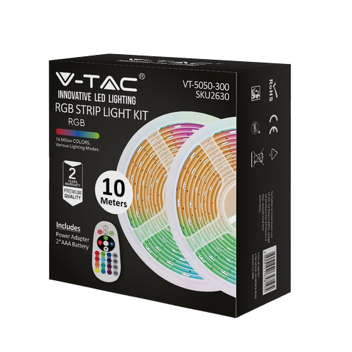 10m (2x5m) RGB strip sett - inkl. fjernkontroll og strømforsyning, 4,8W/m, IP20
