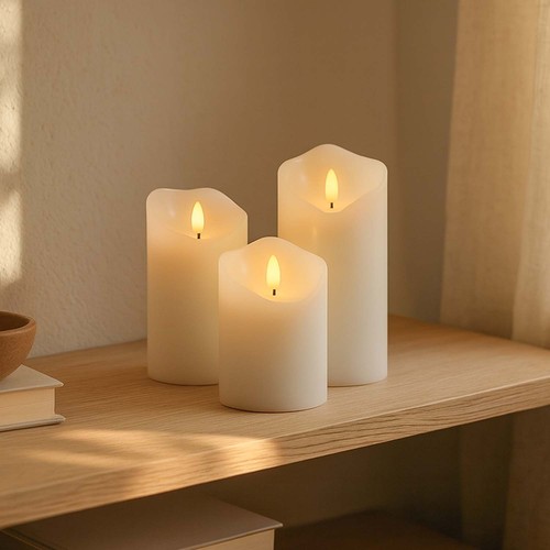 Sett med 3 stk. LED blokklys 10cm, flammeeffekt, hvit - Ø7,5cm