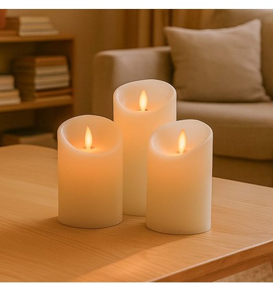 LED-kubbelys, 3 stk, Ø7,5cm, bevegelig flamme, hvit - Inkl. fjernkontroll og timer, 10/13/15cm høy, ekte voks