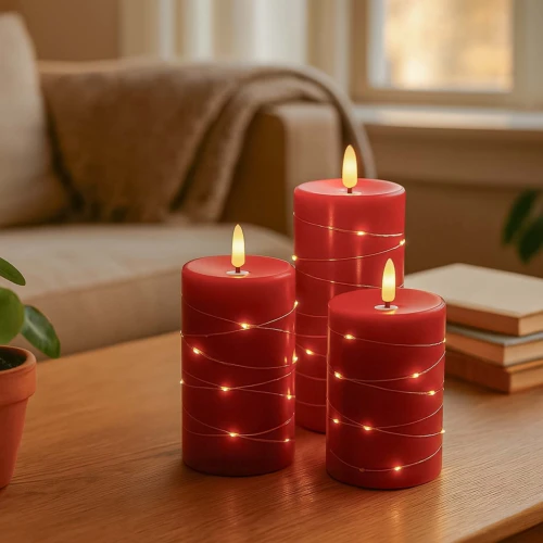 LED Blokklys 3 stk sett med lyskjede, flammeeffekt - Ø7,5cm, 10/12,5/15cm høy, inkl. fjernkontroll, timer, ekte stearin, Rød