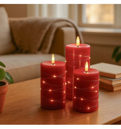 LED Blokklys 3 stk sett med lyskjede, flammeeffekt - Ø7,5cm, 10/12,5/15cm høy, inkl. fjernkontroll, timer, ekte stearin, Rød