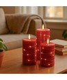 LED Blokklys 3 stk sett med lyskjede, flammeeffekt - Ø7,5cm, 10/12,5/15cm høy, inkl. fjernkontroll, timer, ekte stearin, Rød