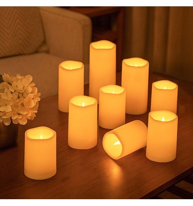 9-pk LED Utendørs blokklys m/fjernkontroll, Ø5,5cm - H: 13/15/17,5cm, Batteri, timer, vanntett