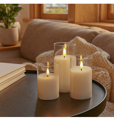 LED Blokklys sett i glass Ø7,5cm, 3 stk, flammeeffekt - Inkl. fjernkontroll og timer, 10/12,5/15cm høy, ekte stearin
