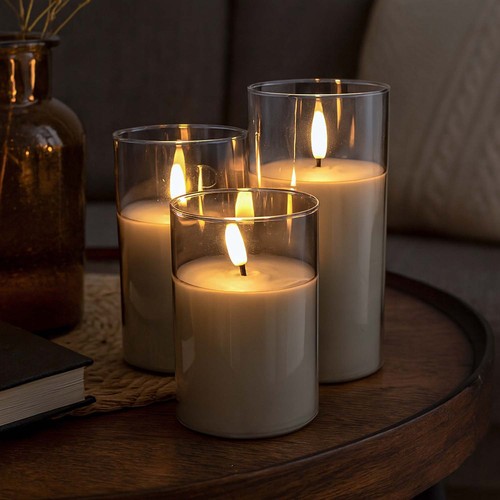 LED Blokklys sett i gråtonet glass Ø7,5cm, 3 stk - Inkl. fjernkontroll og timer, 10/12,5/15cm, ekte voks