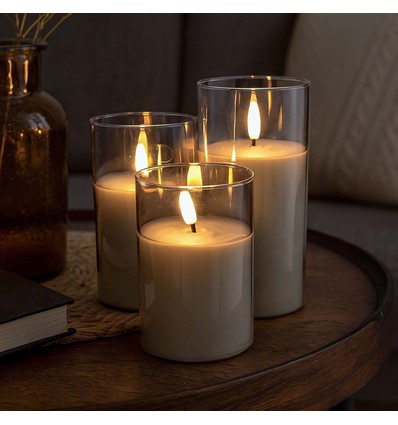 LED blokklys i gråtonet glass Ø7,5cm, 3 stk, flammeeffekt