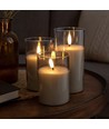 LED Blokklys sett i gråtonet glass Ø7,5cm, 3 stk - Inkl. fjernkontroll og timer, 10/12,5/15cm, ekte voks