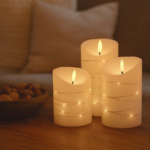 LED-kubbelys 3-pk med lyslenke, flammeeffekt - Ø7,5cm, 10/12,5/15cm, fjernkontroll, timer, ekte voks