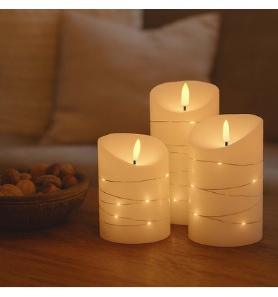 LED Blokklys 3 stk sett med lyskjede, flammeeffekt - Ø7,5cm, 10/12,5/15cm, inkl. fjernkontroll, timer, ekte voks