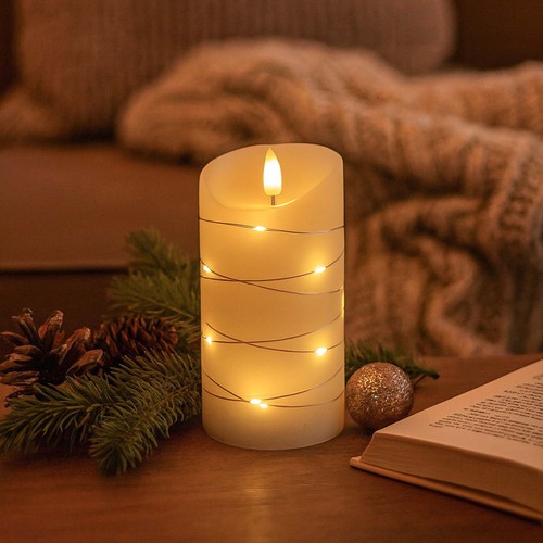 LED Blokklys med lyskjede, 15cm, flammeeffekt - Ø7,5cm, fjernkontroll, ekte voks