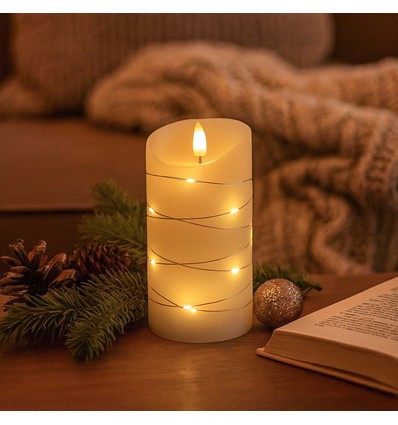 LED Blokklys med lyskjede, 15cm, flammeeffekt - Ø7,5cm, fjernkontroll, ekte voks