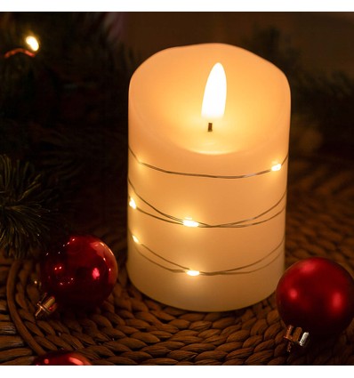 LED Blokklys med lyskjede, 10cm, flammeeffekt - Ø7,5cm, fjernkontroll, ekte voks