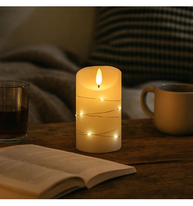 LED Blokklys med lyskjede, 12,5cm, flammeeffekt - Ø7,5cm, fjernkontroll, ekte voks