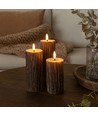 LED Tre-look blokklys 3 stk sett, smelte-look, flammeeffekt - Ø5,5cm, 10/12,5/15cm høy, Inkl fjernkontroll, ekte stearin