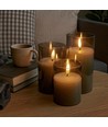 LED Blokklys sett i gråtonet glass Ø7,5cm, 3 stk, flammeeffekt - Inkl. fjernkontroll og timer, 10/12,5/15cm høy, ekte stearin