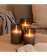 LED Blokklys sett i røkfarget glass Ø7,5cm, 3 stk, flammeeffekt - Inkl. fjernkontroll og timer, 10/12,5/15cm høy, ekte stearin