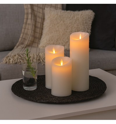 LED blokklys XL, 3 stk, Ø10cm, 17,5/22,5/30cm, bevegelig flamme, hvit