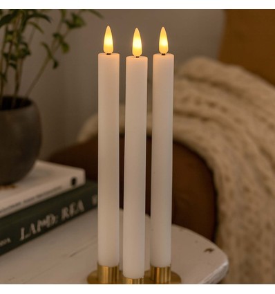 3-pak hvite LED stearinlys, flammeeffekt - Ø2,2cm, Høyde: 24,5cm, stagelys, inkl. fjernkontroll, timer, batteri