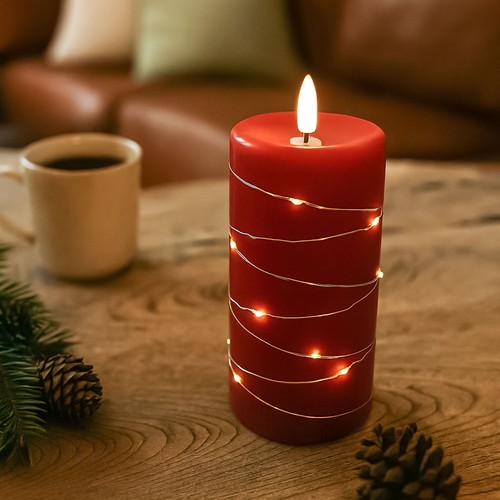 LED Blokklys med lyskjede, 15cm høy, flammeeffekt - Ø7,5cm, virker m. fjernkontroll, ekte stearin, rød