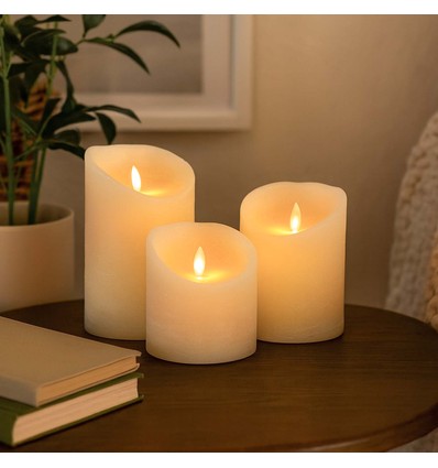 LED Blokklys Ø10cm, 3 stk, bevegelig flamme, hvit - Inkl. fjernkontroll og timer, 10/12,5/15cm høy, ekte stearin