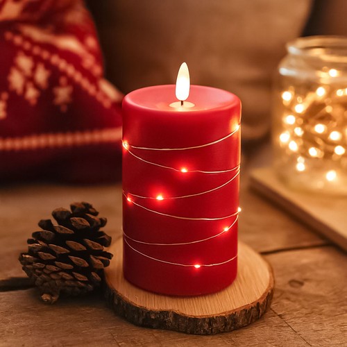 LED blokklys med lyskjede, 12,5cm, flammeeffekt - Ø7,5cm, rød