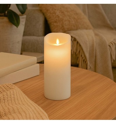 LED XL Blokklys 22,5cm, flammeeffekt, hvit - Ø10cm, fjernkontroll, timer, ekte voks