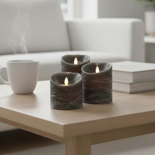 LED blokklys Ø10cm, 3 stk, bevegelig flamme, sort meleret