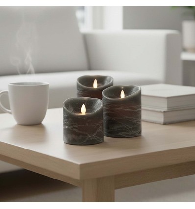 LED Blokklys Ø10cm, 3 stk, bevegelig flamme, sort melert - Inkl. fjernkontroll og timer, 10/12,5/15cm, ekte voks