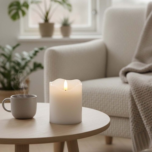 LED Blokklys 10cm høy, flammeeffekt, hvit - Ø7,5cm, 10cm høy, virker med fjernkontroll, timer, ekte stearin