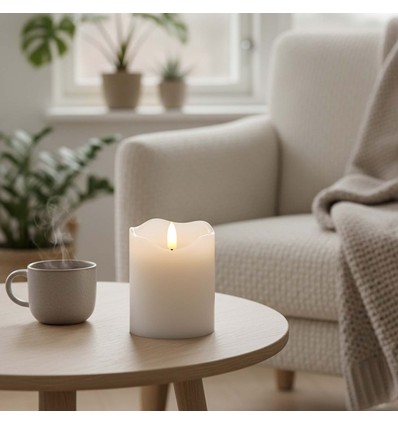 LED Blokklys 10cm høy, flammeeffekt, hvit - Ø7,5cm, 10cm høy, virker med fjernkontroll, timer, ekte stearin