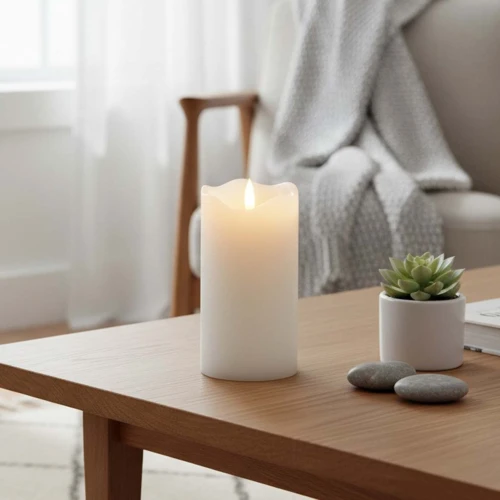 LED Blokklys 15cm høy, flammeeffekt, hvit - Ø7,5cm, 15cm høy, fungerer med fjernkontroll, timer, ekte stearin