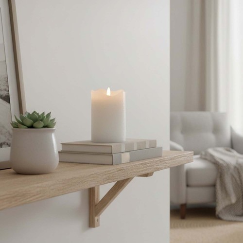 LED Blokklys 12,5cm høy, flammeeffekt, hvit - Ø7,5cm, 12,5cm høy, virker med fjernkontroll, timer, ekte stearin