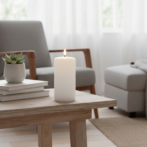 LED Blokklys 15cm, smelte-look, flammeeffekt - Ø7,5cm, fjernkontroll, timer, ekte voks